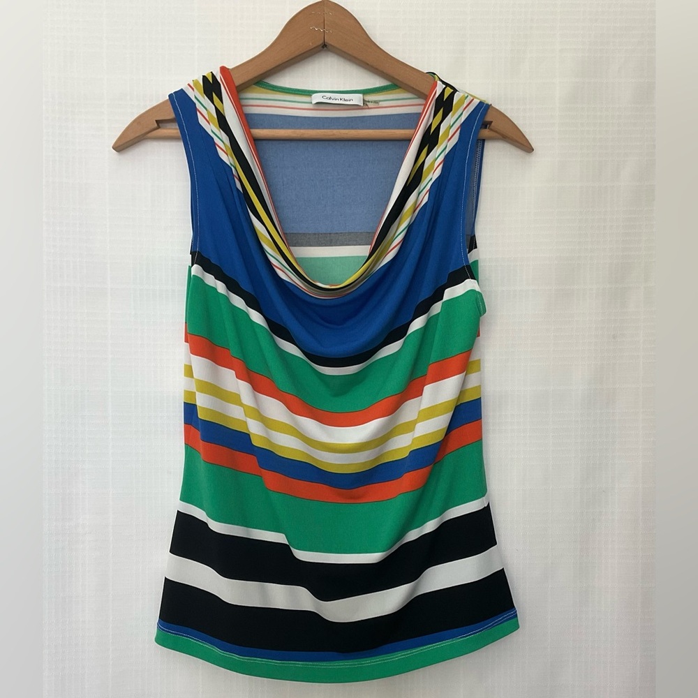 Calvin Klein Blue, Green & Multicolor Striped Cowl Neck Tank